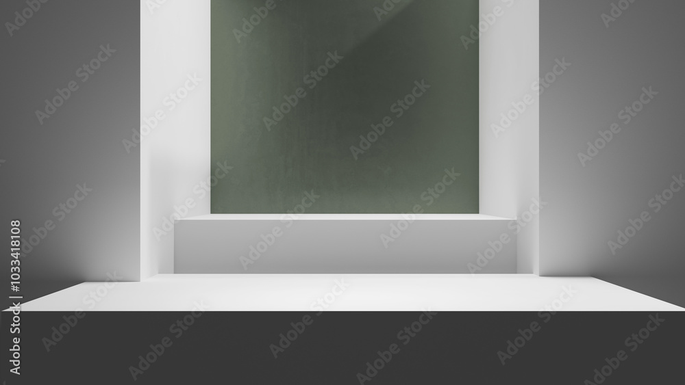 Poster white podium geometric forms table stage mock up with spotlights and copy space, podium place for pr