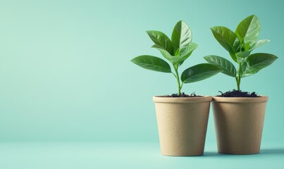 Two paper cups with vibrant green leaves growing symbolizing nature, sustainability, and eco-friendly initiatives