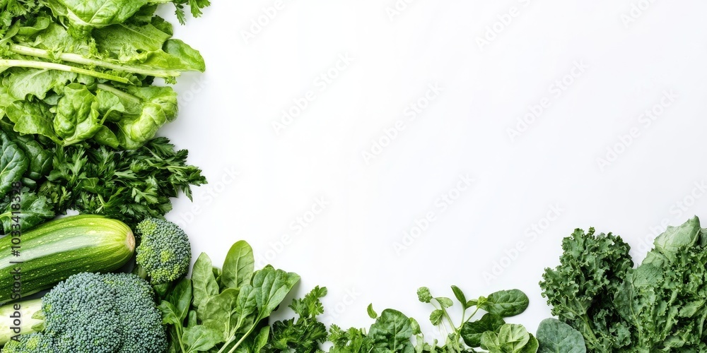 Poster a collection of fresh raw green vegetables isolated on a white background with copyspace for text. c