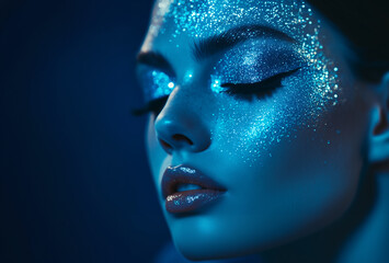 Fashion editorial Concept. Stunning beautiful woman high fashion striking shiny blue glitter shimmer sparkle makeup. illuminated with dynamic composition and dramatic lighting 