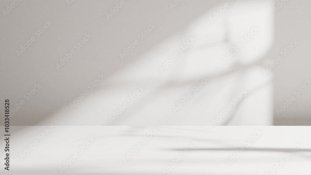 Poster White empty table room podium background with sunlight and shadows grey gradient wall copy space minimalistic template. Abstract white table presentation background