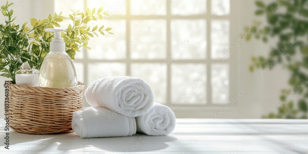 Poster copy space. a rolled-up white towel is in a basket, with a bottle of soap on the white table, reflec