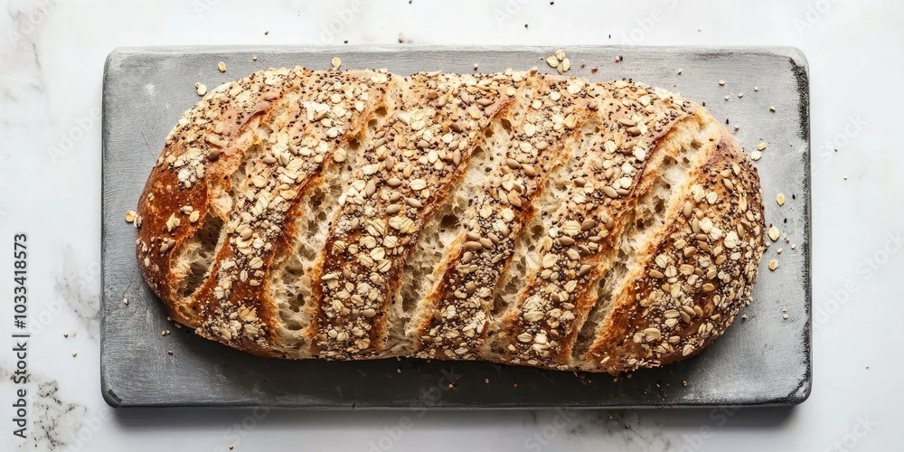 Poster bread topped with seeds and flakes on a gray cutting board against a white background from a top vie