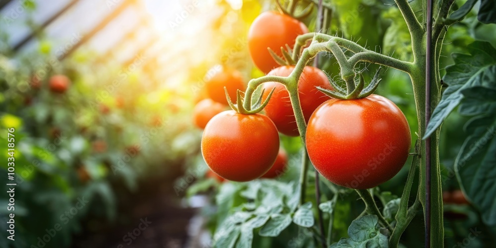 Poster tomatoes developing on a vine in a greenhouse. copyspace.