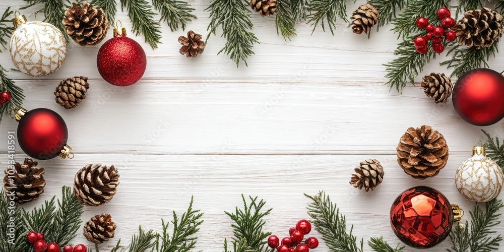 Poster christmas decoration backdrop. winter ornaments arranged on a white wooden table. product image capt