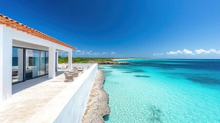Obraz premium A modern white villa with a patio overlooking a turquoise ocean.