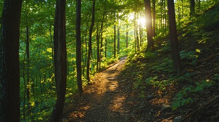 Fototapeta premium Hiker's point of view of narrow forest trail with sunbeams filtering through