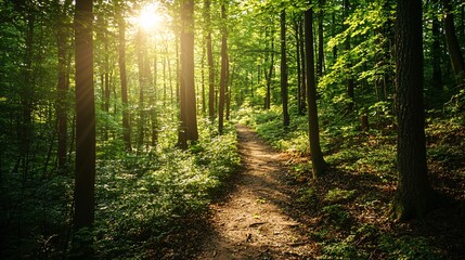 Obraz premium Hiker's point of view of narrow forest trail with sunbeams filtering through