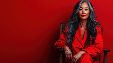 A confident woman with long flowing hair and a poised demeanor poses stylishly in a red outfit, seated on a chair against a solid red backdrop, exuding elegance.