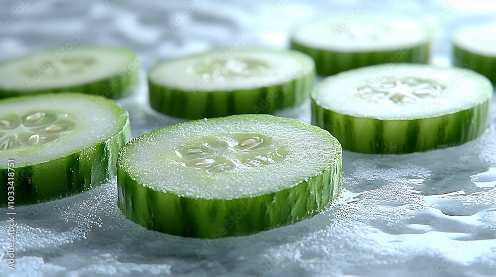 Wall mural generative ai image of sliced cucumbers floating in cold fresh frozen icy ice cubes liquid