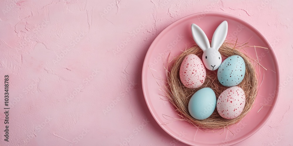 Poster easter eggs and rabbit ears on a pink plate. textured backdrop with room for text.