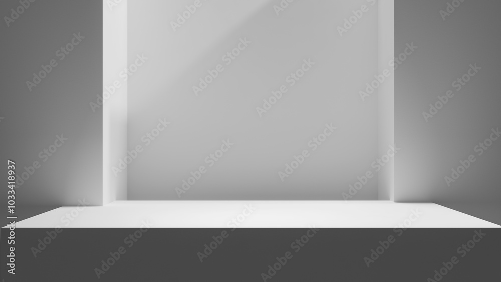 Poster white podium geometric forms table stage mock up with spotlights and copy space, podium place for pr
