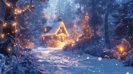 A cozy and charming cabin nestled in a magical winter wonderland surrounded by a snow covered forest with twinkling lights creating a festive and enchanting atmosphere