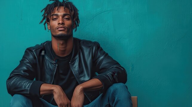 A serene young man with dreadlocks sits calmly against a vibrant blue textured wall, exemplifying individual style and tranquility in a modern urban setting.