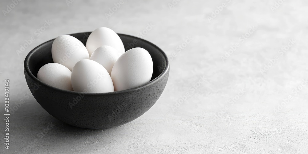 Poster organic white eggs in a dark gray bowl on a white background with copyspace for text