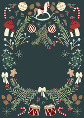 Festive Christmas Illustration with Holiday Icons and Decorative Wreath Frame AI generated