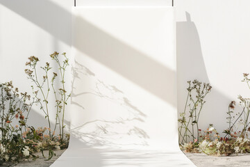 Mockup of floral backdrop with shadows and white background, AI-Generated