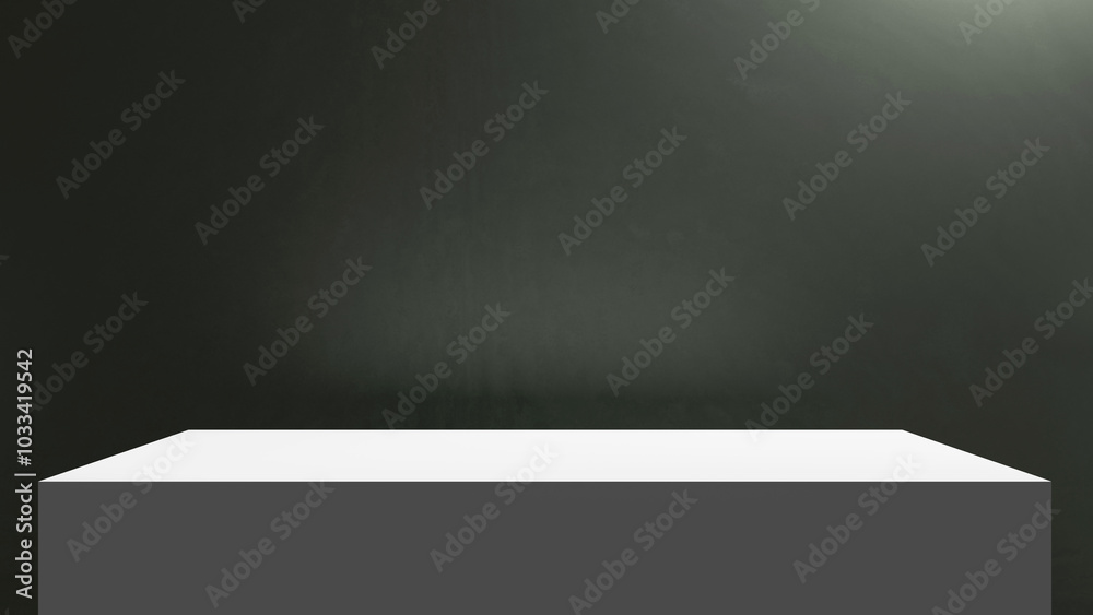 Poster white podium geometric forms table stage mock up with spotlights and copy space, podium place for pr
