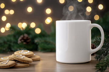 Warm Mug of Coffee with Holiday Cookies and Festive Bokeh Lights AI generated