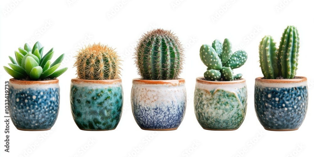 Poster artificial cactus in ceramic pots against a white background with a clipping path.