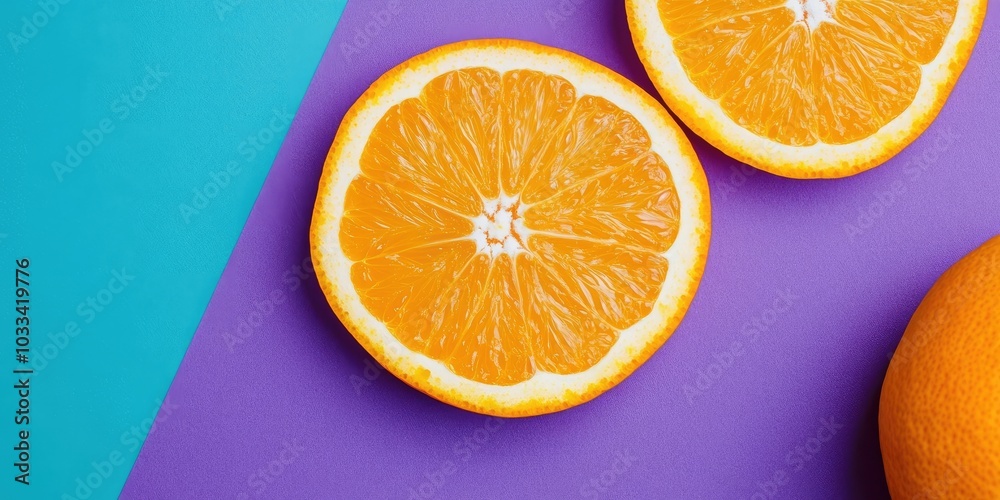 Fototapete Fresh orange fruit slices on a colorful background. Top view. Copy space. Creative summer idea. Half a citrus in a minimal flat lay with copy space.