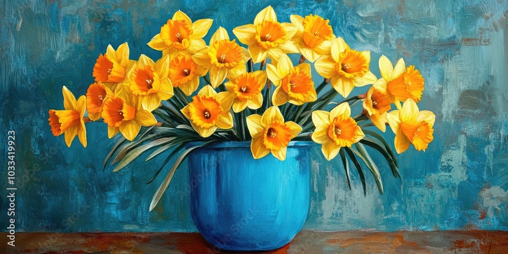 Poster daffodils in a blue container