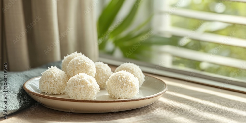 Poster white chocolate coconut truffles on a plate with a window shade in the background. copyspace.