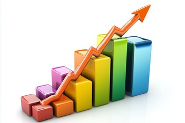 A colorful bar graph with an arrow pointing upwards, indicating growth or progress on a light background. 