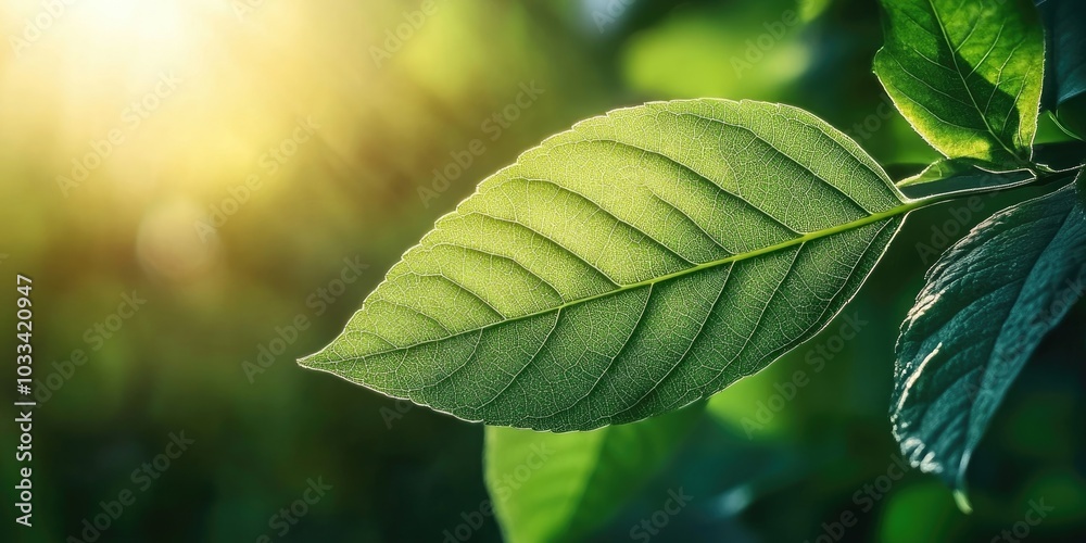 Poster close-up of a green leaf in sunlight in the garden. natural backdrop with copyspace.