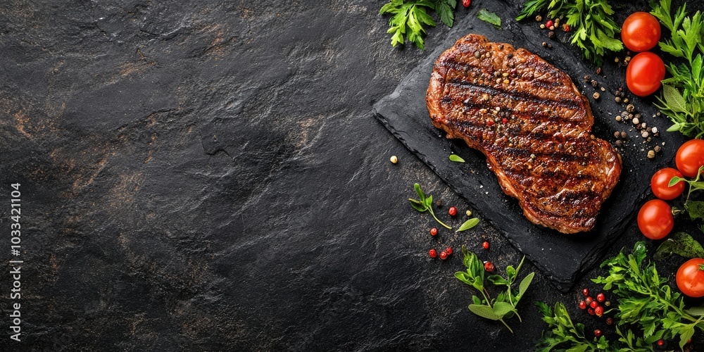 Poster grilled cowboy beef steak with herbs and spices on a dark stone background. barbecue. top view. copy