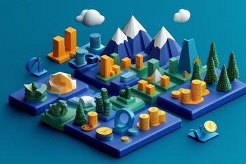 A portfolio visualization showing 3D elements of risk management and investment growth in different asset classes 