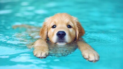 Golden Retriever Puppy Swimming in Pool  Cute Dog Water Fun  Summer Pet Photography