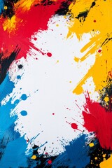 Fototapeta premium A bold abstract paint splatter frame with thick brush strokes in primary colors on white background
