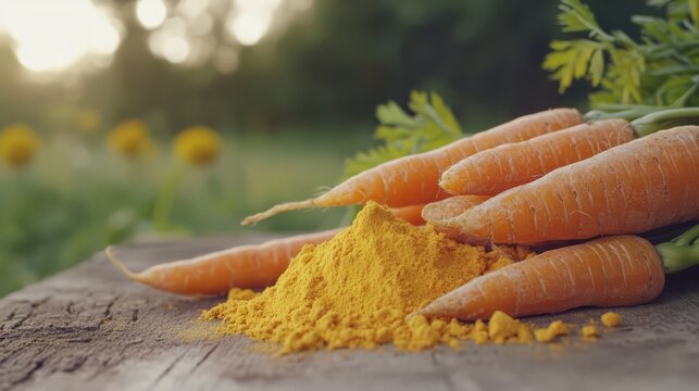 Yellow carrot powder - Used as a natural dye. on the table against the backdrop of nature