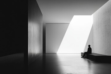 A man sits alone in a large, minimalist room with a bright light coming from the ceiling.