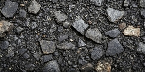 Close-up of a black and gray asphalt texture with rocks background. Suitable for various purposes.