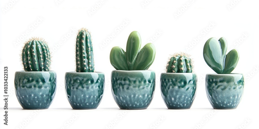 Poster artificial cactus in ceramic pots against a white background with a clipping path.