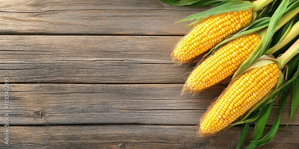 Poster corns or maizes isolated on a wooden background with copy space for text in a horizontal layout, ide