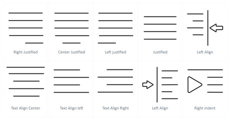 A set of 10 editing tools icons as right justified, center justified, left justified