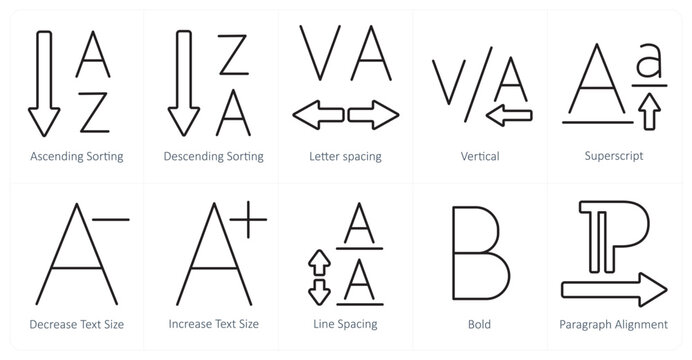 A set of 10 editing tools icons as ascending sorting, descending sorting, letter spacing