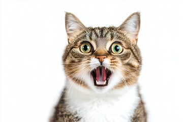 Obraz premium Angry and surprised cat isolated on white background with a funny and excited expression. 