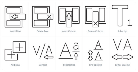 A set of 10 editing tools icons as insert row, delete row, insert coloumn