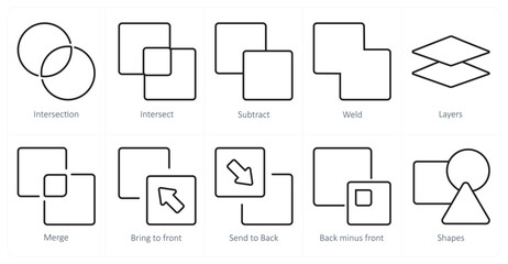A set of 10 editing tools icons as intersection, intersect, subtract