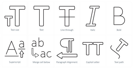 A set of 10 editing tools icons as text size, text, line through, italic