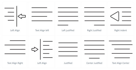 A set of 10 editing tools icons as left align, text align left, left justified