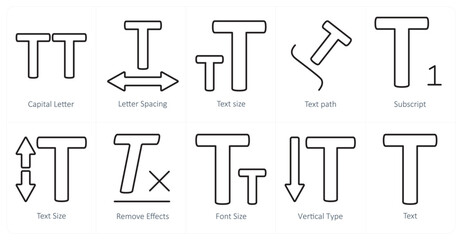 A set of 10 editing tools icons as capital letter, letter spacing, text size