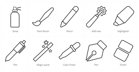 A set of 10 editing tools icons as spray, paint brush, pencil