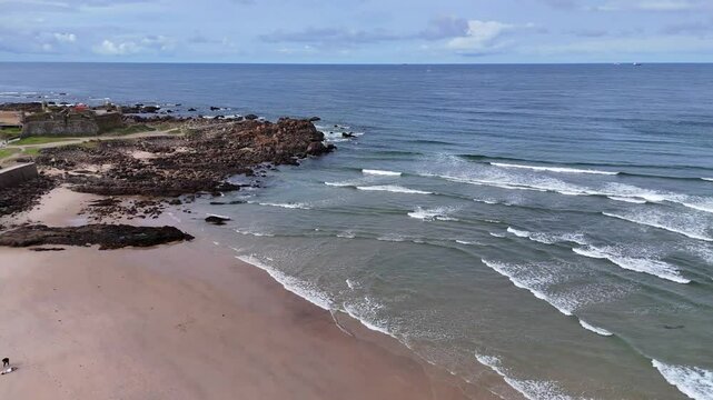 Portugal beach - an aerial shot of the sandy Matosinhos beach at the Atlantic Ocean.