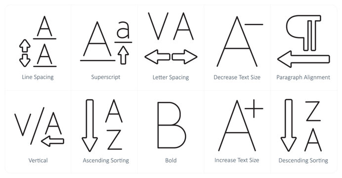 A set of 10 editing tools icons as line spacing, superscript, letter spacing