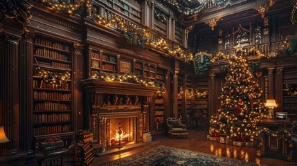 Fototapeta premium Cozy and Elegant Christmas Library in Historic Castle Interior with Roaring Fireplace Decorated Christmas Tree and Ornate Wooden Furnishings